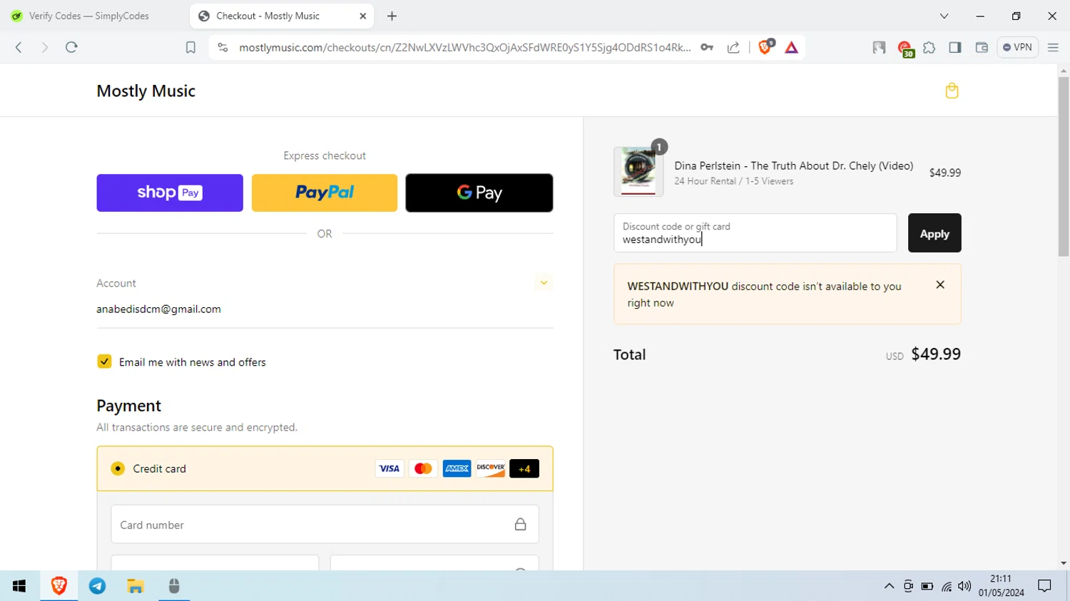 Mostly Music checkout page showing Mostly Music promo code box | Screenshot taken by SimplyCodes community member on May 2, 2024