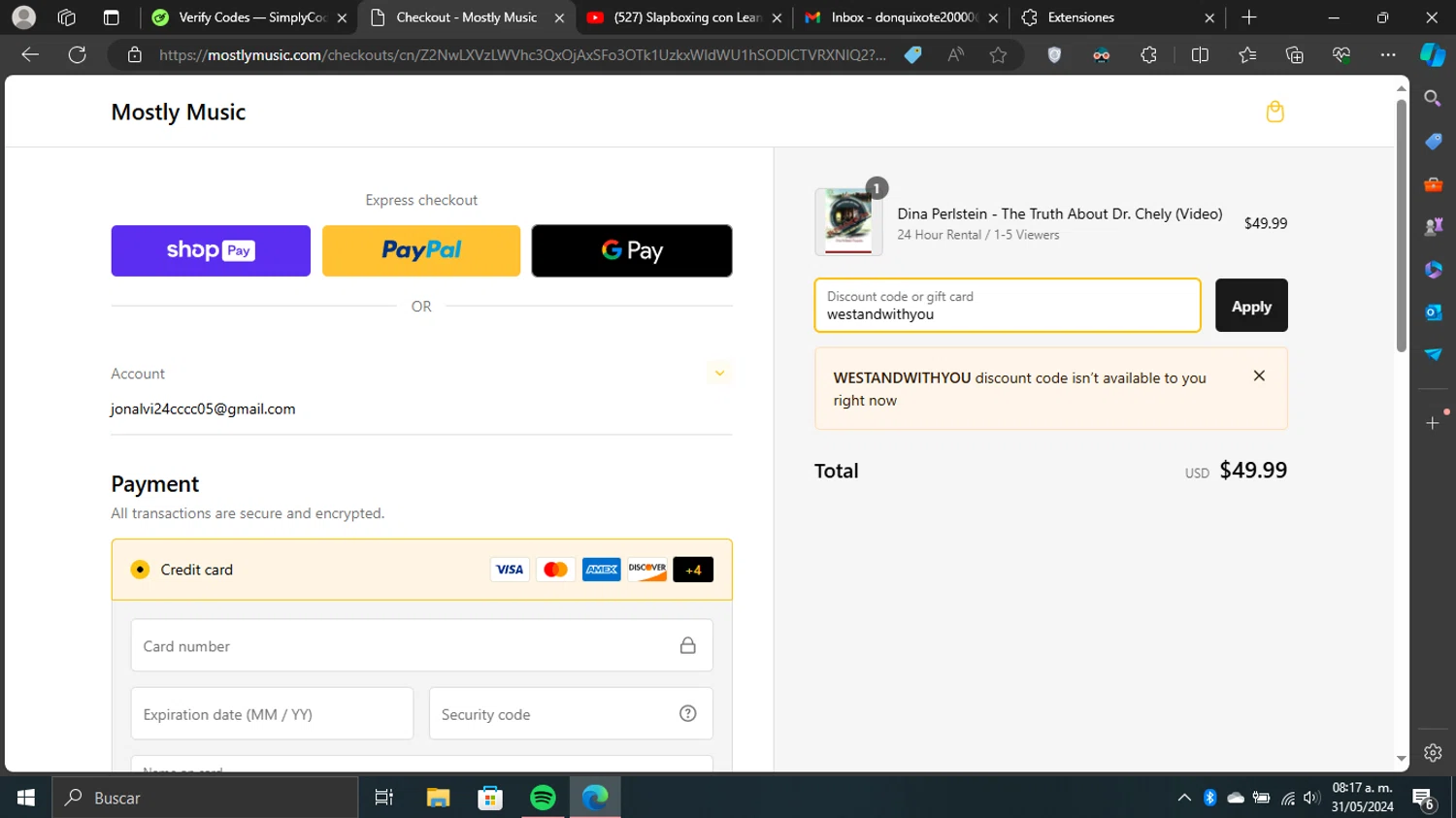 Mostly Music checkout page showing Mostly Music promo code box | Screenshot taken by SimplyCodes community member on May 31, 2024