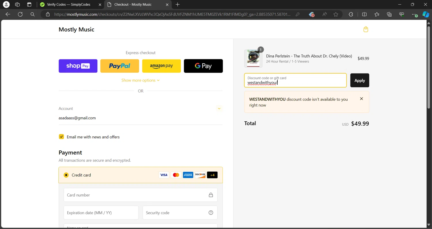 Mostly Music checkout page showing Mostly Music promo code box | Screenshot taken by SimplyCodes community member on May 1, 2024