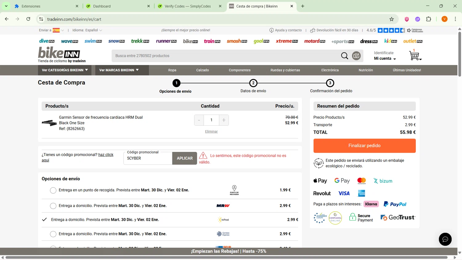 Motardinn promo code screenshot showing code 5CYBER applied at Motardinn checkout page. Uploaded by SimplyCodes community member ExtraordinarySaver9637 on Dec 29, 2025