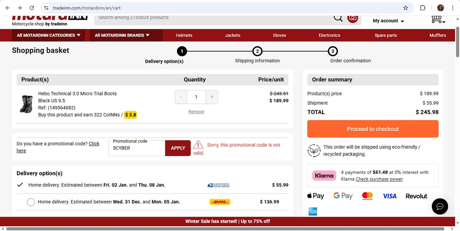 Motardinn promo code screenshot showing code 5CYBER applied at Motardinn checkout page. Uploaded by SimplyCodes community member luffyreturn on Dec 29, 2025
