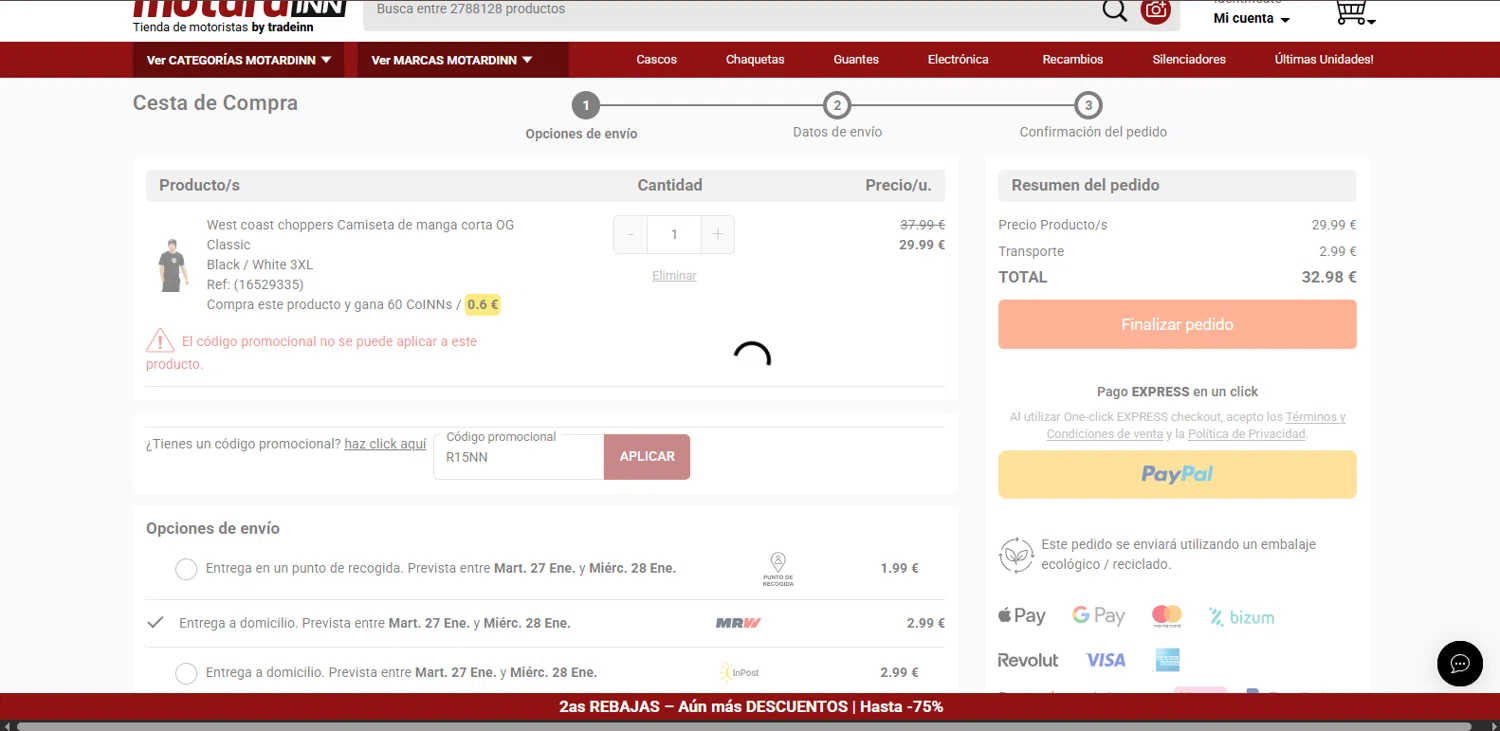 Motardinn checkout page showing Motardinn promo code box | Screenshot taken by SimplyCodes community member on Jan 20, 2026