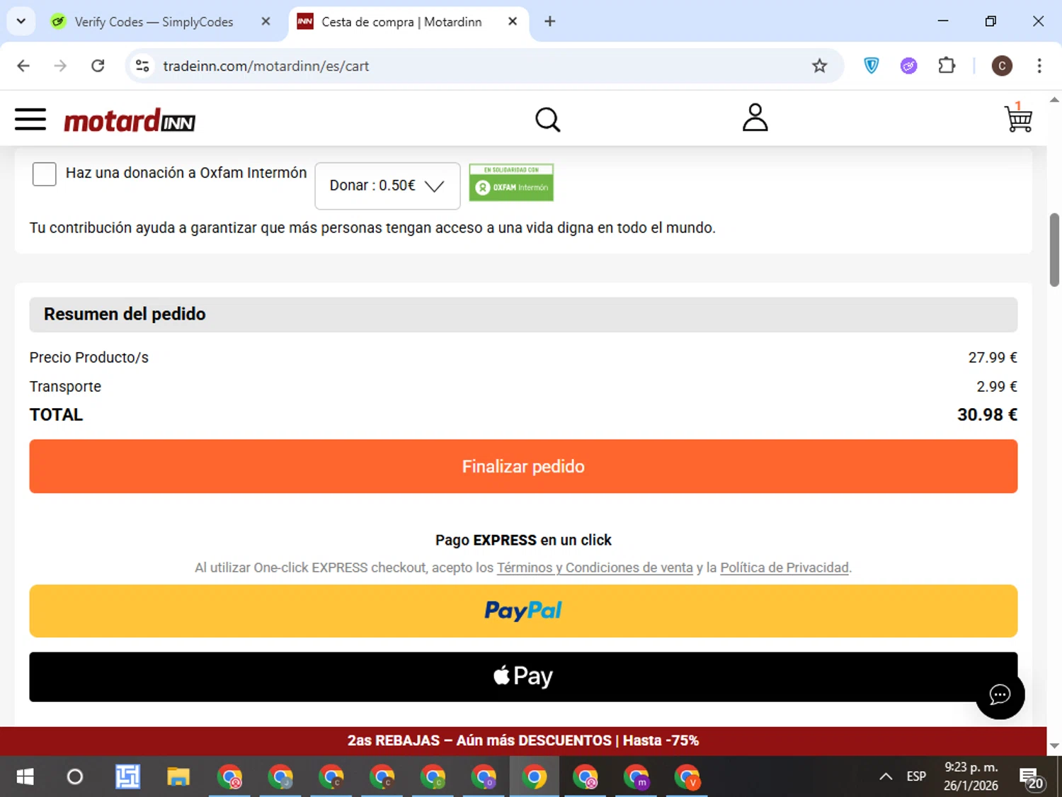 Motardinn checkout page showing Motardinn promo code box | Screenshot taken by SimplyCodes community member on Jan 27, 2026