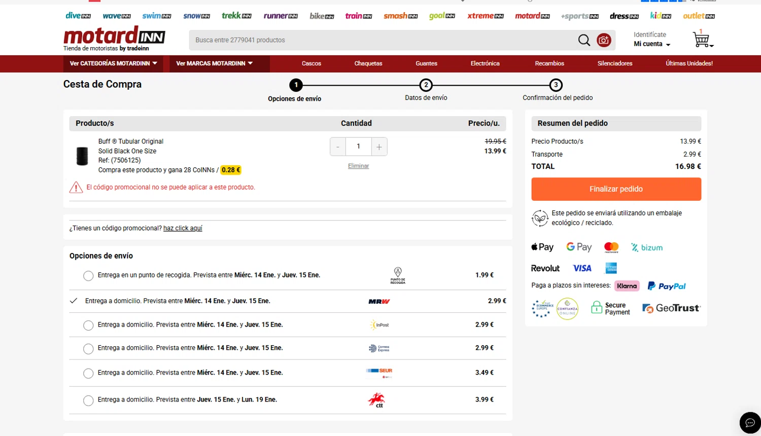 Motardinn checkout page showing Motardinn promo code box | Screenshot taken by SimplyCodes community member on Jan 13, 2026