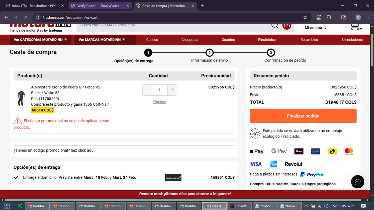 Motardinn checkout page showing Motardinn promo code box | Screenshot taken by SimplyCodes community member on Feb 9, 2026