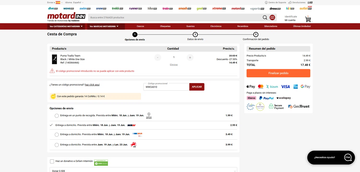 Motardinn promo code screenshot showing code WWCAS10 applied at Motardinn checkout page. Uploaded by SimplyCodes community member Dorothy on Jun 17, 2025