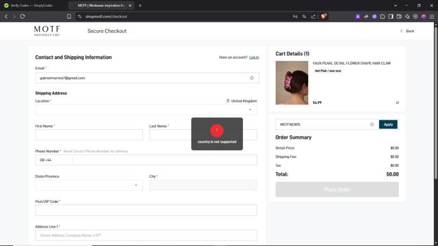 MOTF checkout page showing MOTF promo code box | Screenshot taken by SimplyCodes community member on Jun 8, 2025