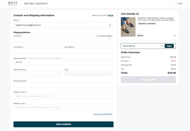 MOTF checkout page showing MOTF promo code box | Screenshot taken by SimplyCodes community member on Mar 12, 2025