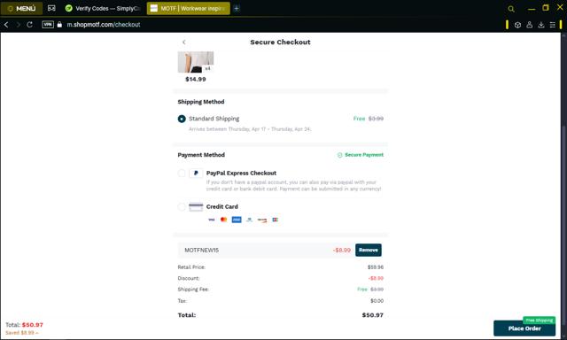 MOTF checkout page showing MOTF promo code box | Screenshot taken by SimplyCodes community member on Apr 10, 2025