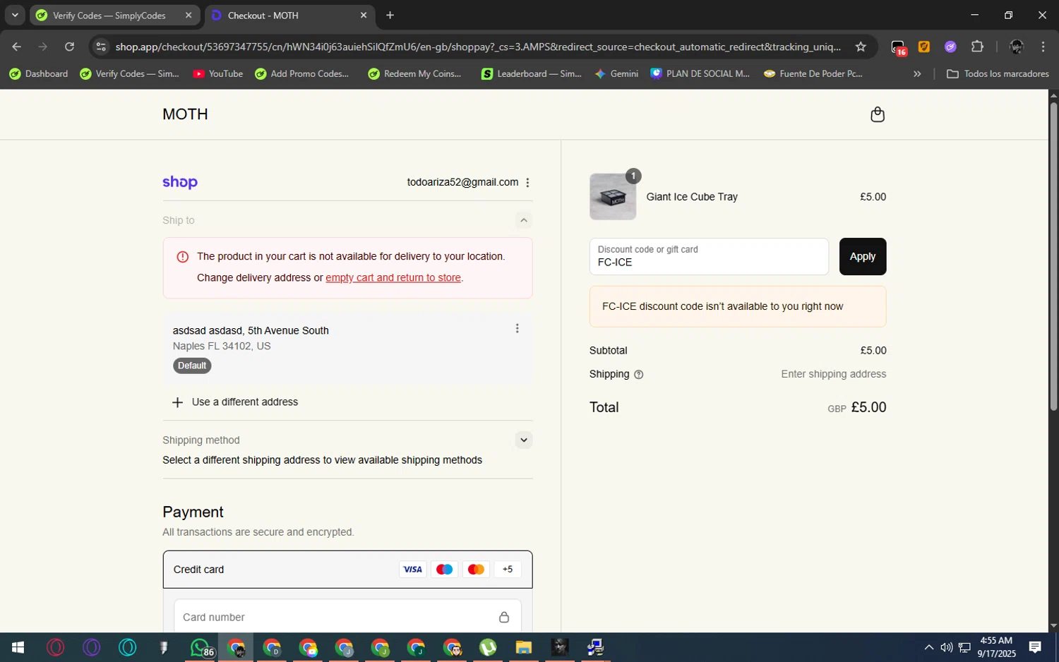 Moth Drinks discount code screenshot showing code FC-ICE applied at Moth Drinks checkout page. Uploaded by SimplyCodes community member ArizaJesus on Sep 17, 2025