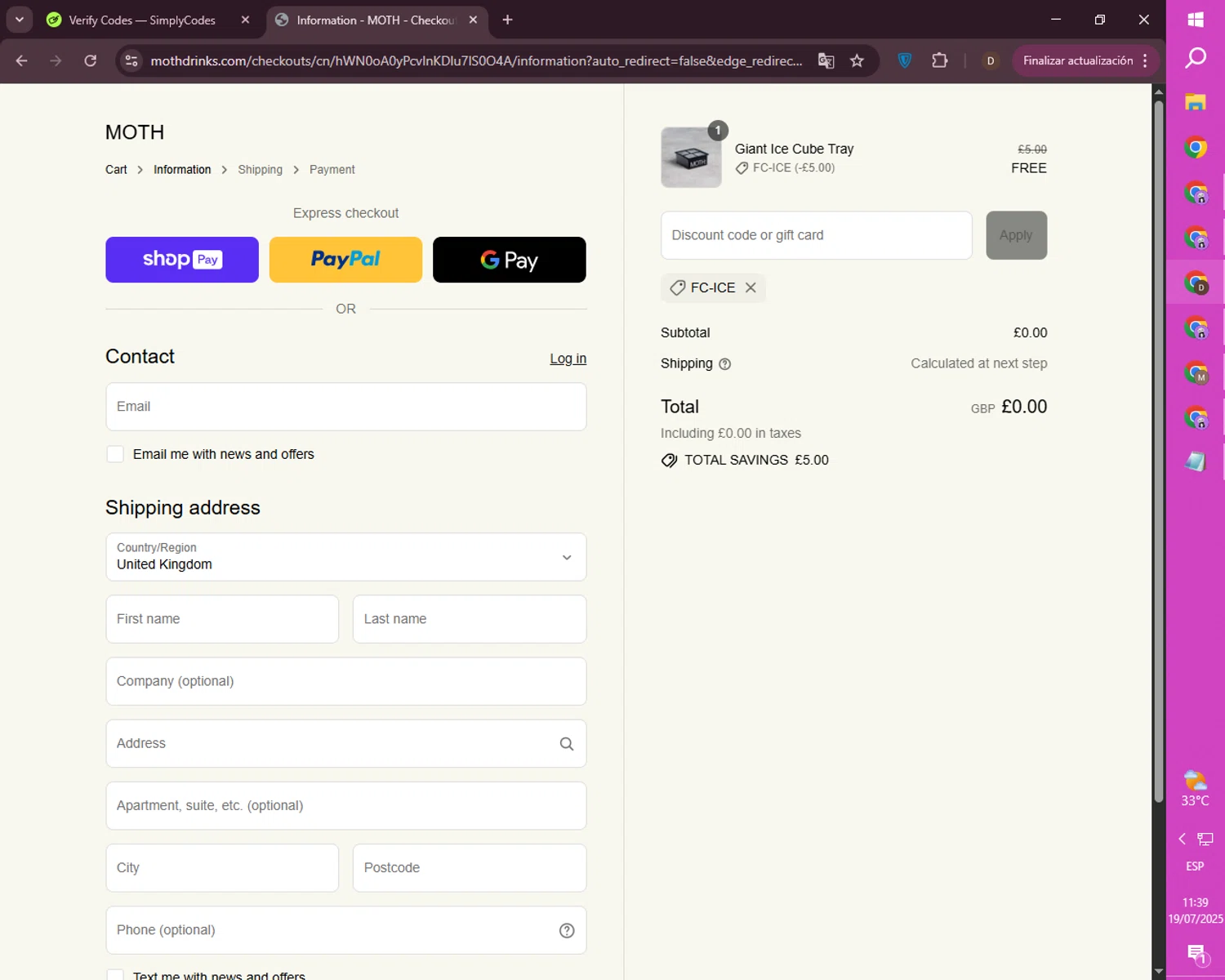 Moth Drinks discount code screenshot showing code FC-ICE applied at Moth Drinks checkout page. Uploaded by SimplyCodes community member mileSalima on Jul 19, 2025