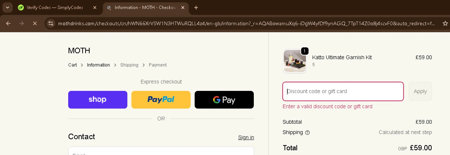 Moth Drinks discount code screenshot showing code BF20 applied at Moth Drinks checkout page. Uploaded by SimplyCodes community member CoinSage1043 on Dec 6, 2025