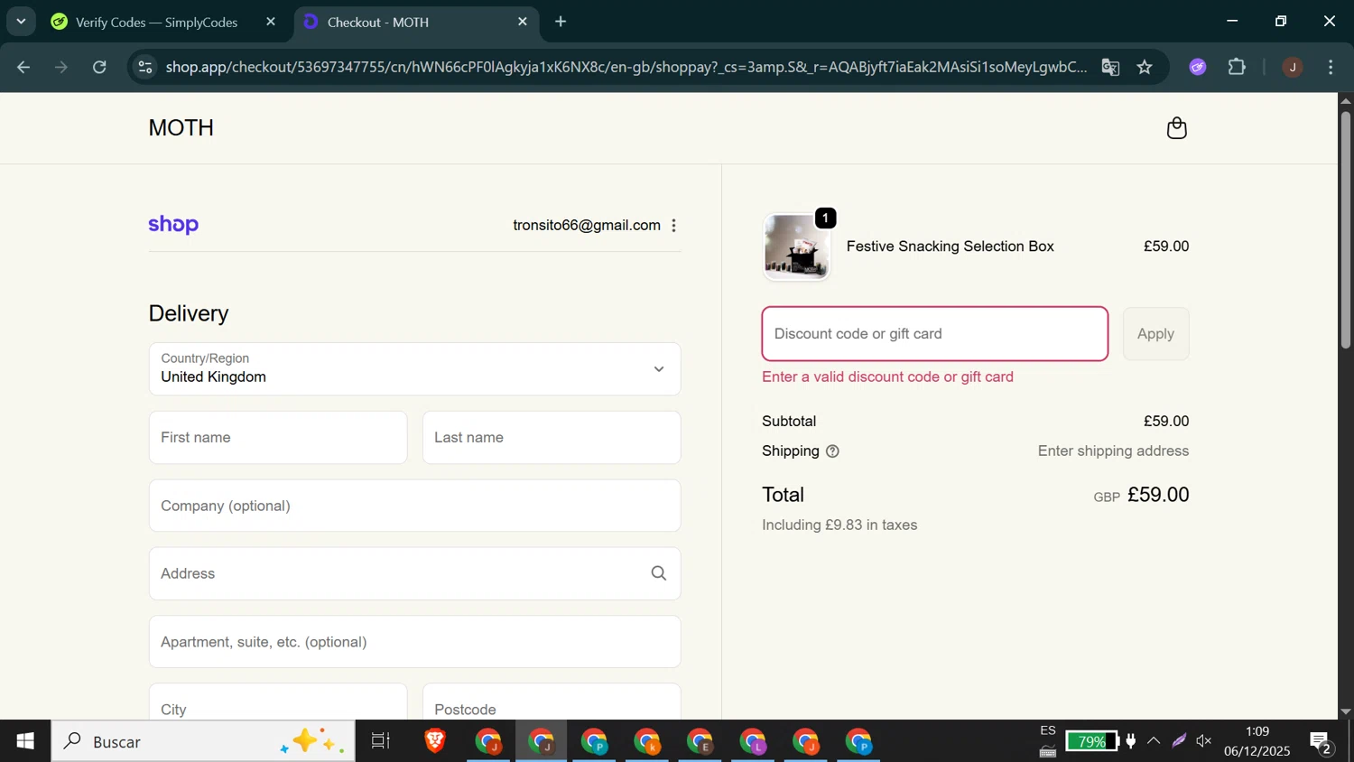 Moth Drinks discount code screenshot showing code BF20 applied at Moth Drinks checkout page. Uploaded by SimplyCodes community member Jeffersontorrealba on Dec 6, 2025