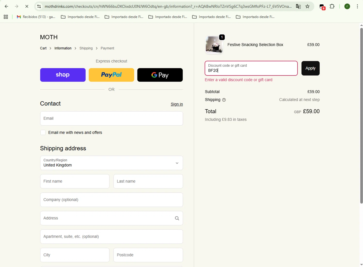 Moth Drinks discount code screenshot showing code BF20 applied at Moth Drinks checkout page. Uploaded by SimplyCodes community member VoucherKnight6415 on Dec 6, 2025