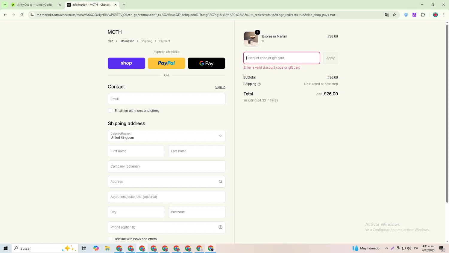 Moth Drinks discount code screenshot showing code FC-BF25 applied at Moth Drinks checkout page. Uploaded by SimplyCodes community member William_Jones on Dec 6, 2025