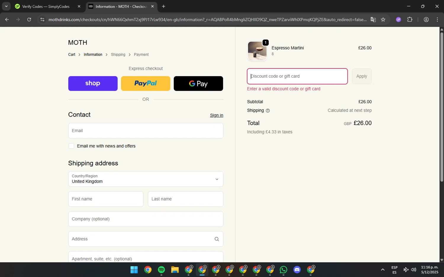 Moth Drinks discount code screenshot showing code FC-BF25 applied at Moth Drinks checkout page. Uploaded by SimplyCodes community member fuguettt on Dec 6, 2025