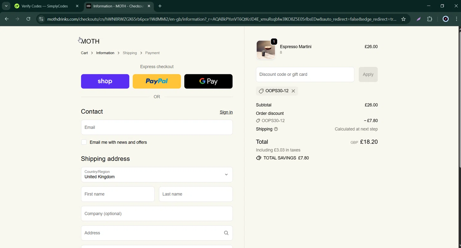 Moth Drinks checkout page showing Moth Drinks discount code box | Screenshot taken by SimplyCodes community member on Feb 5, 2026