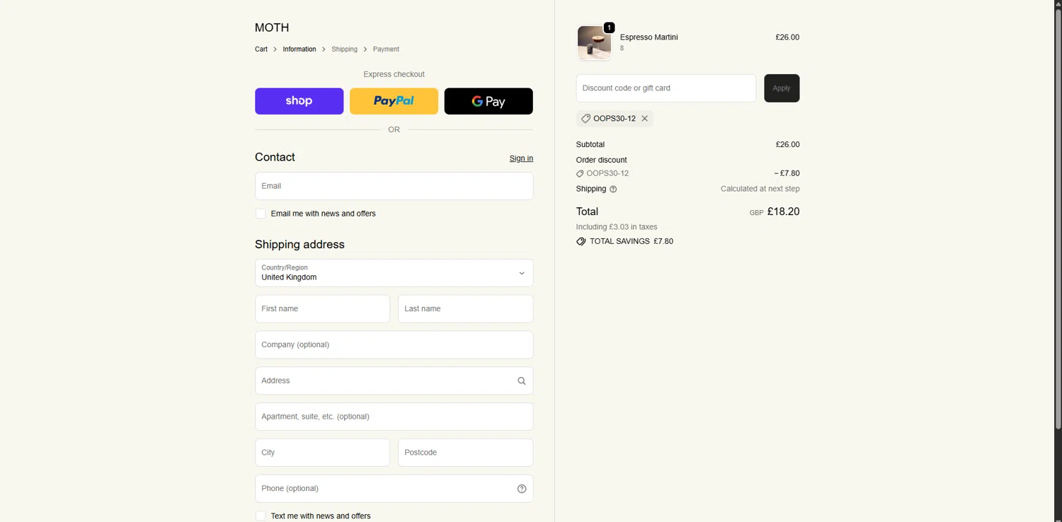 Moth Drinks discount code screenshot showing code OOPS30-12 applied at Moth Drinks checkout page. Uploaded by SimplyCodes community member LegendaryCurator4133 on Dec 24, 2025