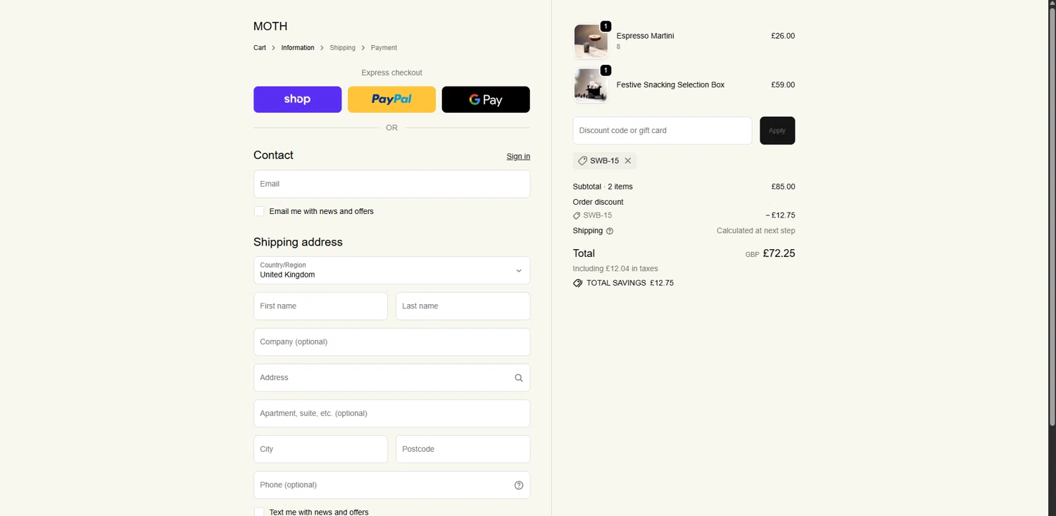 Moth Drinks discount code screenshot showing code SWB-15 applied at Moth Drinks checkout page. Uploaded by SimplyCodes community member VoucherRanger9105 on Jan 3, 2026