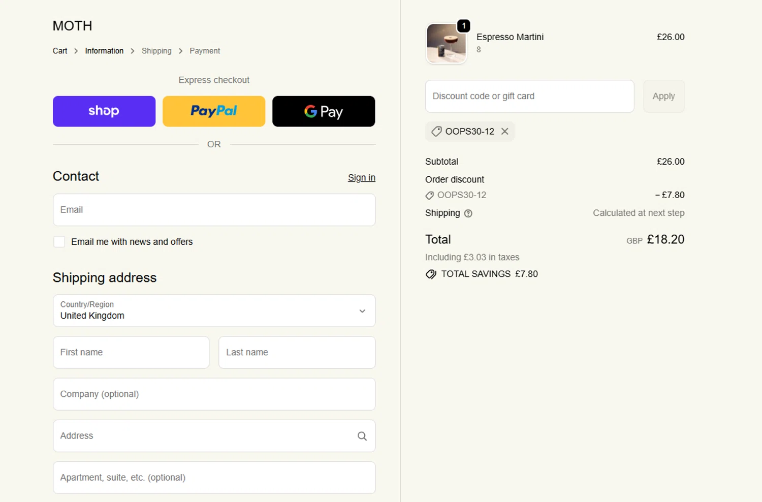 Moth Drinks discount code screenshot showing code OOPS30-12 applied at Moth Drinks checkout page. Uploaded by SimplyCodes community member Dorothy on Nov 24, 2025