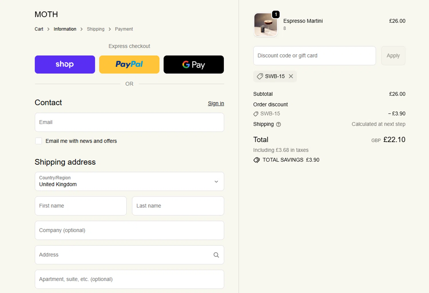 Moth Drinks discount code screenshot showing code SWB-15 applied at Moth Drinks checkout page. Uploaded by SimplyCodes community member Dorothy on Nov 26, 2025