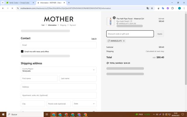Mother Denim checkout page showing Mother Denim promo code box | Screenshot taken by SimplyCodes community member on Apr 9, 2025