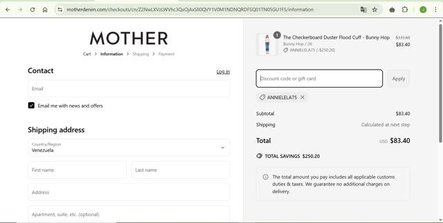 Mother Denim checkout page showing Mother Denim promo code box | Screenshot taken by SimplyCodes community member on Apr 6, 2025