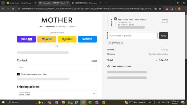 Mother Denim checkout page showing Mother Denim promo code box | Screenshot taken by SimplyCodes community member on Apr 4, 2025
