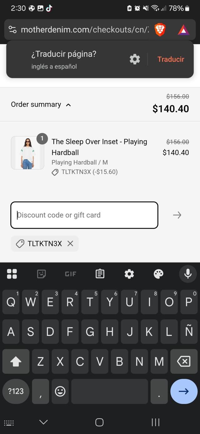 Mother Denim checkout page showing Mother Denim promo code box | Screenshot taken by SimplyCodes community member on Apr 8, 2025