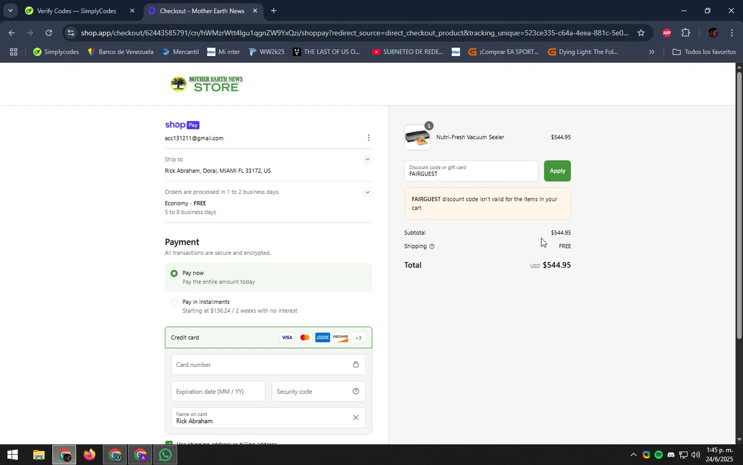MOTHER EARTH NEWS promo code screenshot showing code FAIRGUEST applied at MOTHER EARTH NEWS checkout page. Uploaded by SimplyCodes community member DealEagle493 on Jun 24, 2025
