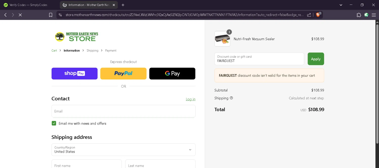 MOTHER EARTH NEWS checkout page showing MOTHER EARTH NEWS promo code box | Screenshot taken by SimplyCodes community member on May 20, 2025