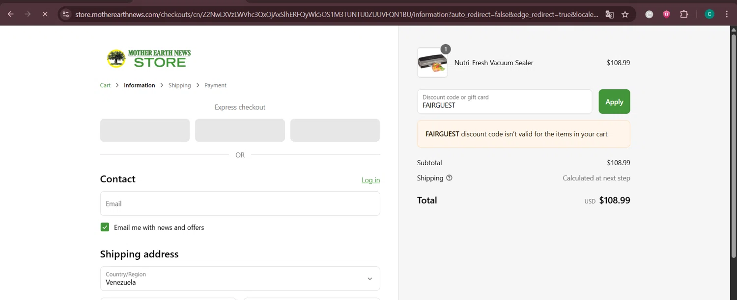 MOTHER EARTH NEWS promo code screenshot showing code FAIRGUEST applied at MOTHER EARTH NEWS checkout page. Uploaded by SimplyCodes community member Negritoo on Jun 10, 2025