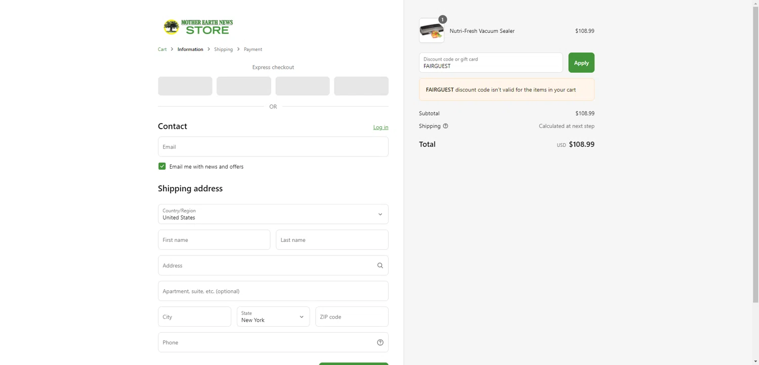 MOTHER EARTH NEWS checkout page showing MOTHER EARTH NEWS promo code box | Screenshot taken by SimplyCodes community member on May 20, 2025