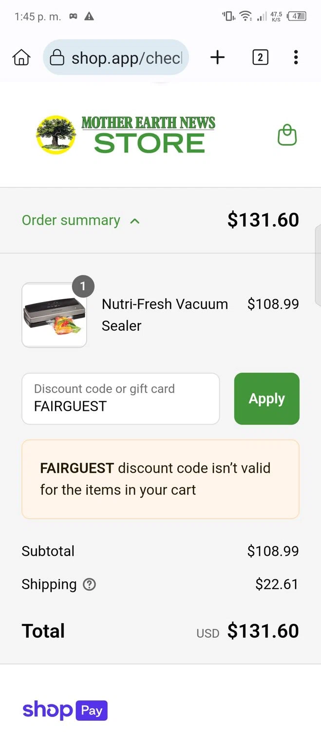 MOTHER EARTH NEWS promo code screenshot showing code FAIRGUEST applied at MOTHER EARTH NEWS checkout page. Uploaded by SimplyCodes community member bauxita on Jun 24, 2025