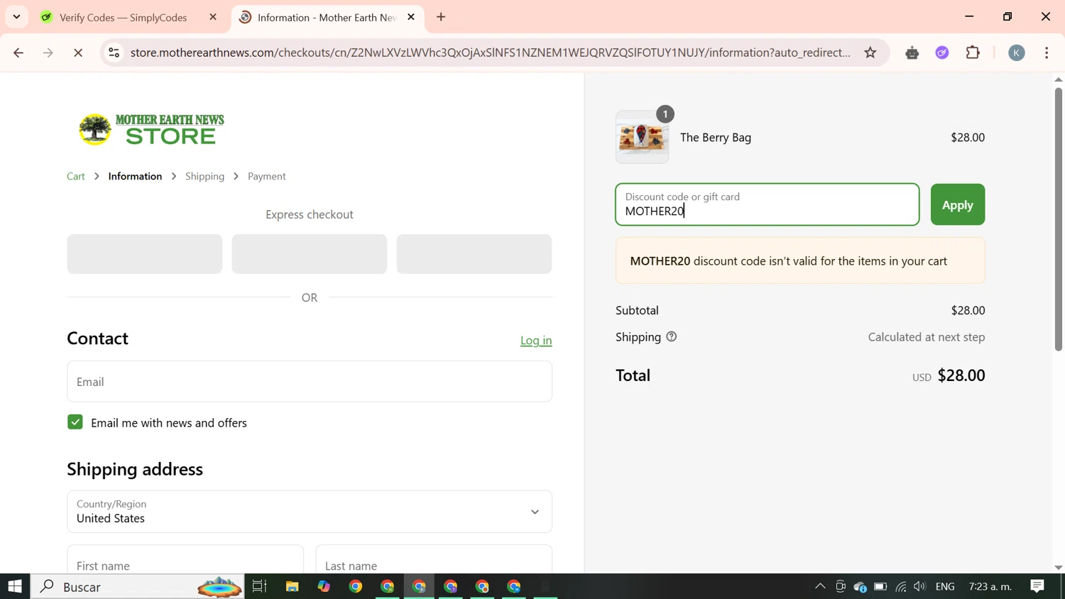 MOTHER EARTH NEWS checkout page showing MOTHER EARTH NEWS promo code box | Screenshot taken by SimplyCodes community member on Apr 22, 2025