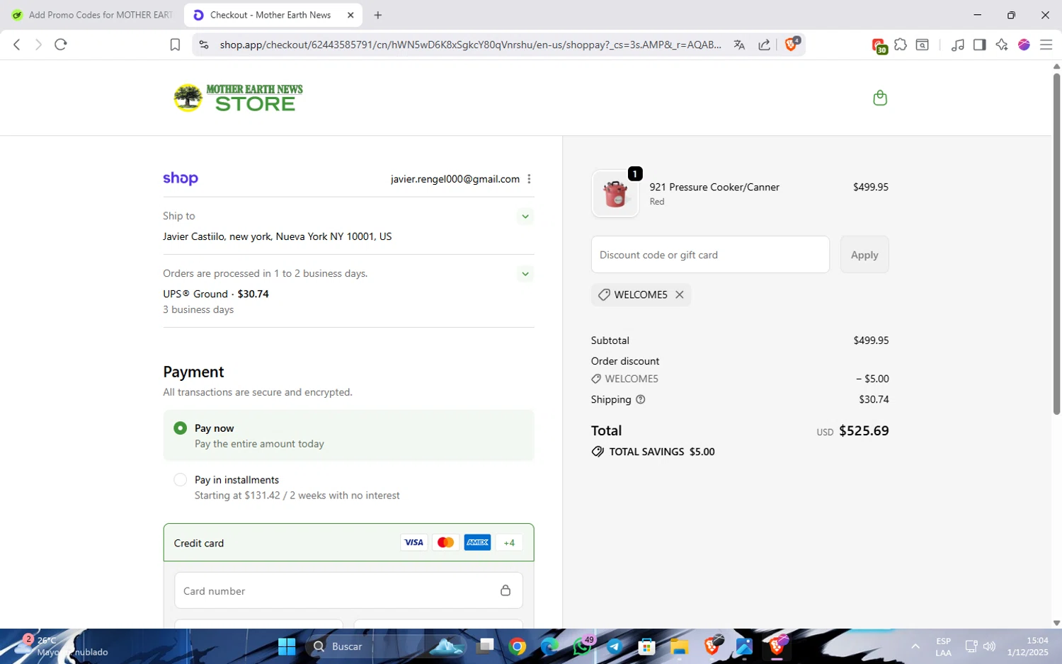 MOTHER EARTH NEWS promo code screenshot showing code WELCOME5 applied at MOTHER EARTH NEWS checkout page. Uploaded by SimplyCodes community member JavinhoSantos on Dec 1, 2025