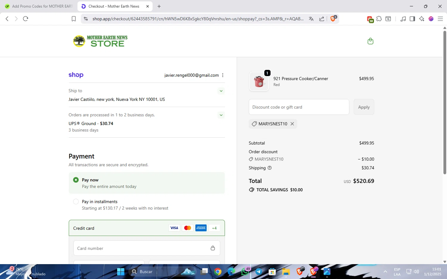 MOTHER EARTH NEWS promo code screenshot showing code MarysNest10 applied at MOTHER EARTH NEWS checkout page. Uploaded by SimplyCodes community member JavinhoSantos on Dec 1, 2025