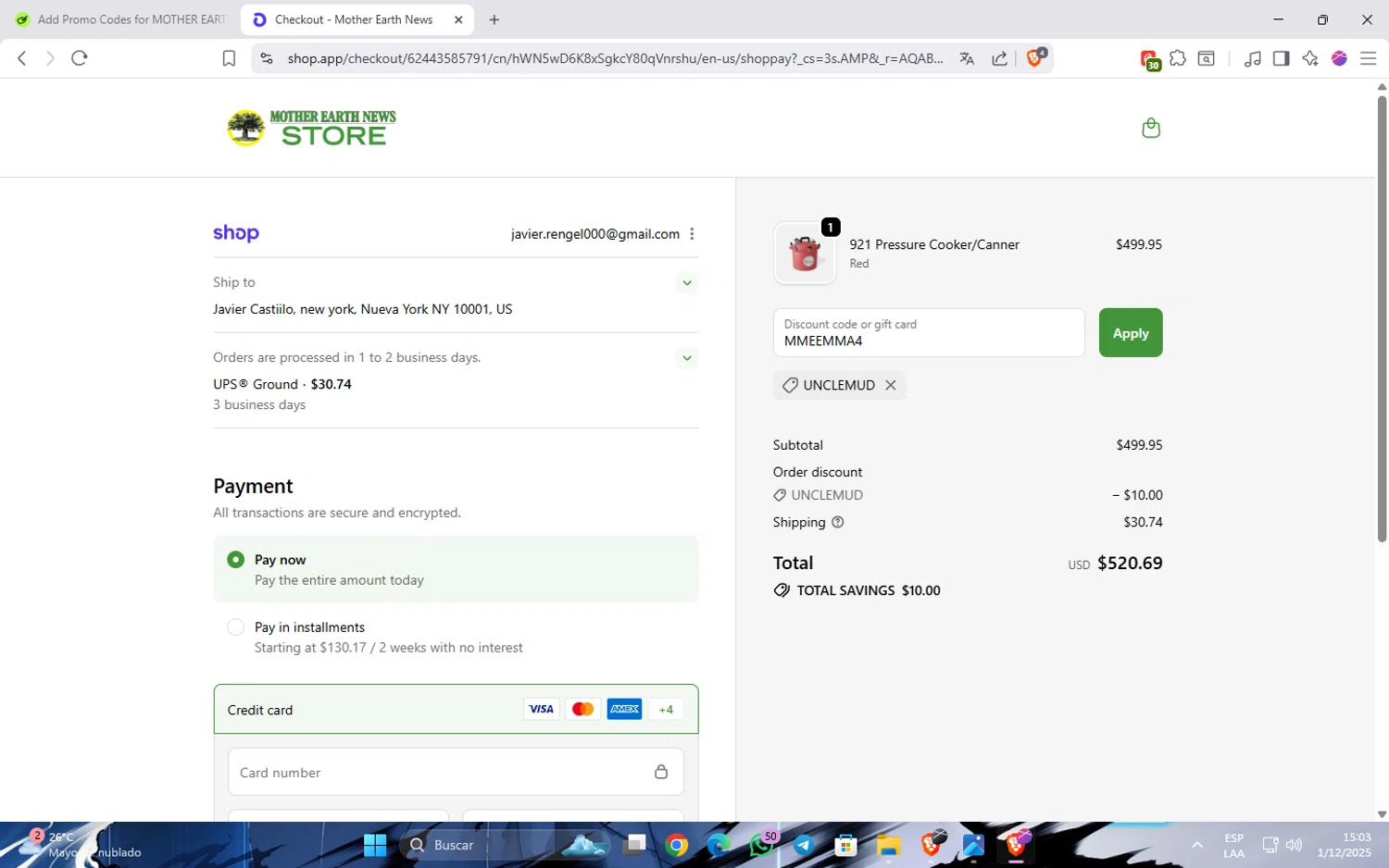 MOTHER EARTH NEWS promo code screenshot showing code MMEEMMA4 applied at MOTHER EARTH NEWS checkout page. Uploaded by SimplyCodes community member JavinhoSantos on Dec 1, 2025