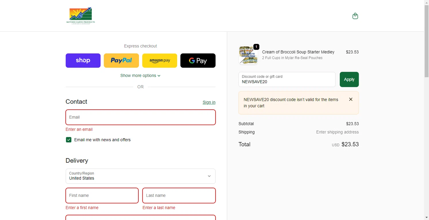 Mother Earth Products discount code screenshot showing code NEWSAVE20 applied at Mother Earth Products checkout page. Uploaded by SimplyCodes community member CodeFinder699 on Oct 31, 2025