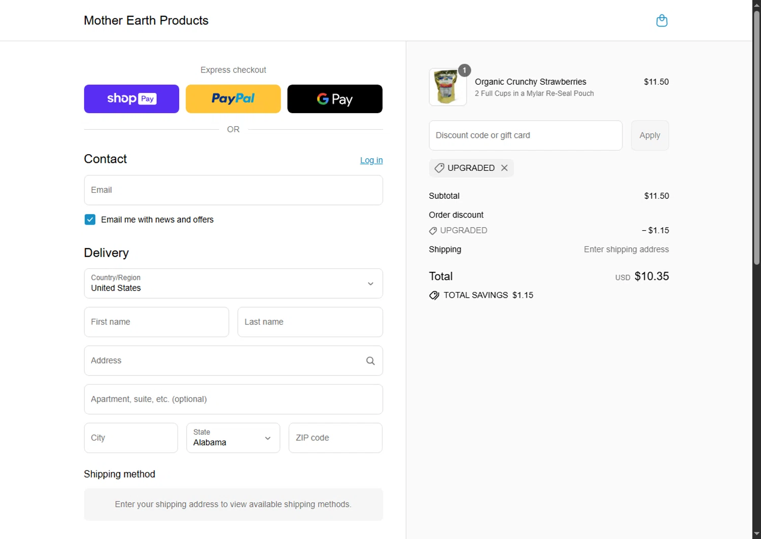 Mother Earth Products discount code screenshot showing code UPGRADED applied at Mother Earth Products checkout page. Uploaded by SimplyCodes community member Alejandra10 on Jul 20, 2025