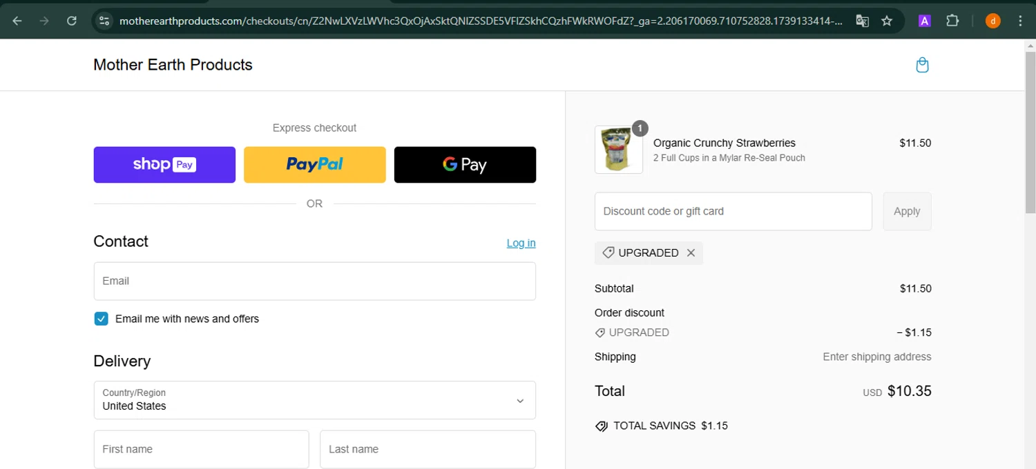 Mother Earth Products discount code screenshot showing code UPGRADED applied at Mother Earth Products checkout page. Uploaded by SimplyCodes community member PennyAdmiral6960 on Feb 9, 2025