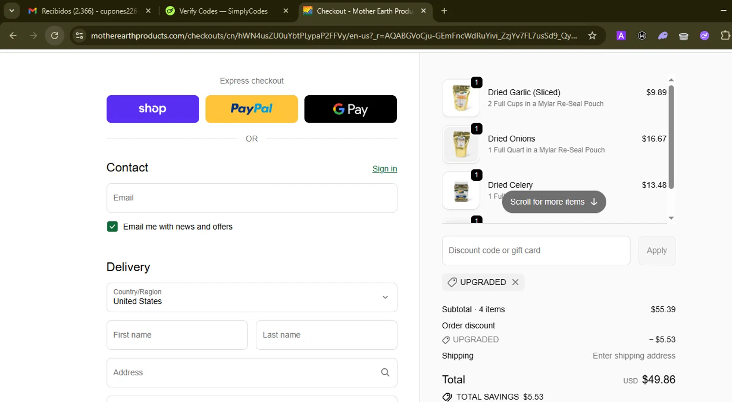 Mother Earth Products discount code screenshot showing code UPGRADED applied at Mother Earth Products checkout page. Uploaded by SimplyCodes community member SilverMonarch6357 on Nov 4, 2025