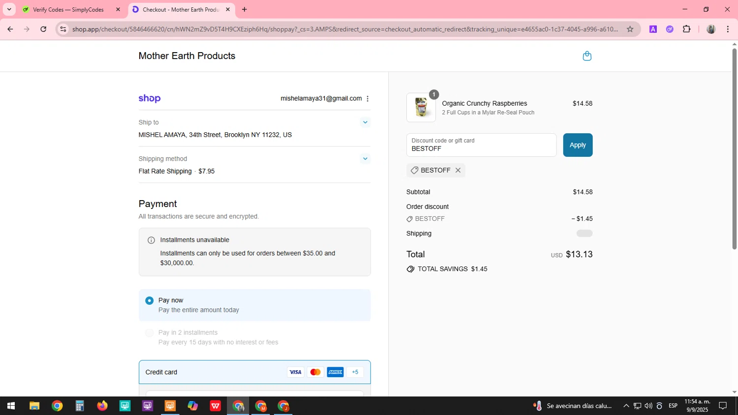 Mother Earth Products discount code screenshot showing code BESTOFF applied at Mother Earth Products checkout page. Uploaded by SimplyCodes community member SARAI13 on Sep 9, 2025