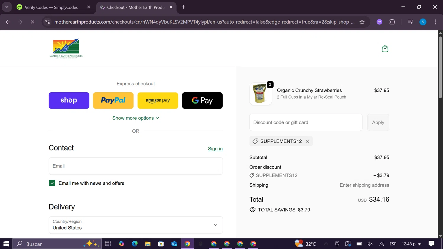 Mother Earth Products discount code screenshot showing code SUPPLEMENTS12 applied at Mother Earth Products checkout page. Uploaded by SimplyCodes community member CodeExpert981 on Oct 28, 2025