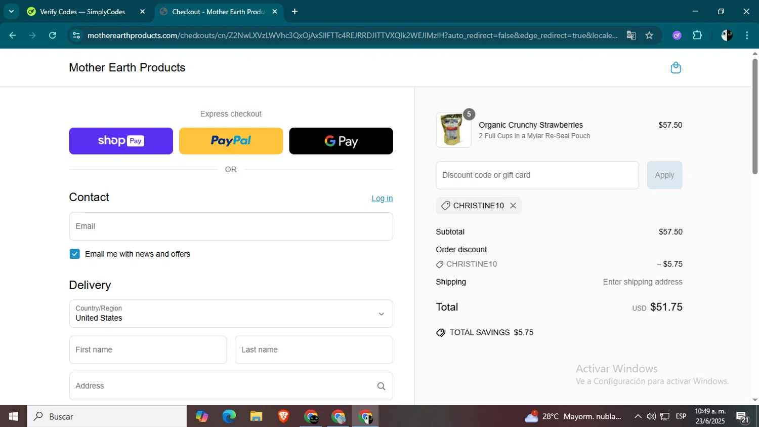Mother Earth Products discount code screenshot showing code CHRISTINE10 applied at Mother Earth Products checkout page. Uploaded by SimplyCodes community member CleverSage9163 on Jun 23, 2025