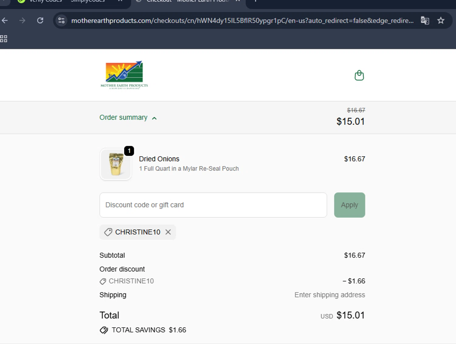 Mother Earth Products discount code screenshot showing code CHRISTINE10 applied at Mother Earth Products checkout page. Uploaded by SimplyCodes community member DiscountHero6788 on Oct 28, 2025
