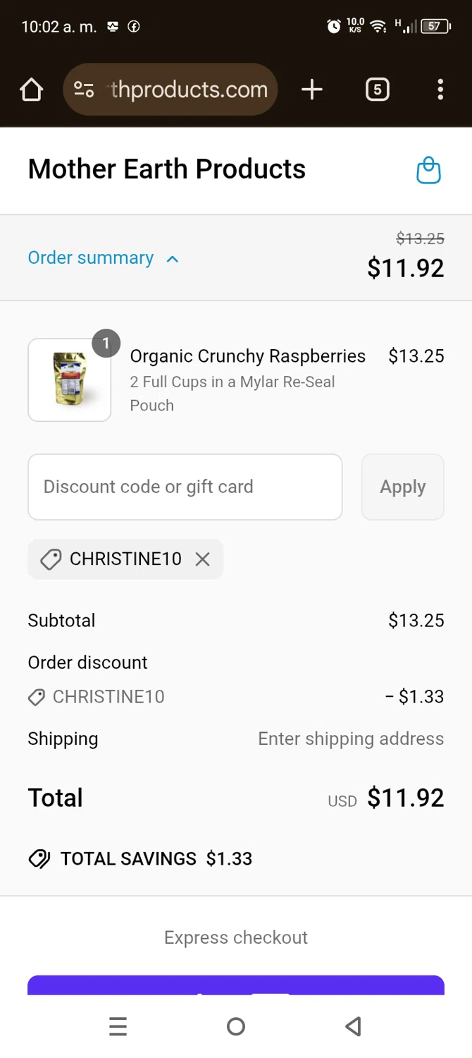 Mother Earth Products discount code screenshot showing code CHRISTINE10 applied at Mother Earth Products checkout page. Uploaded by SimplyCodes community member WladimirV on Jun 23, 2025