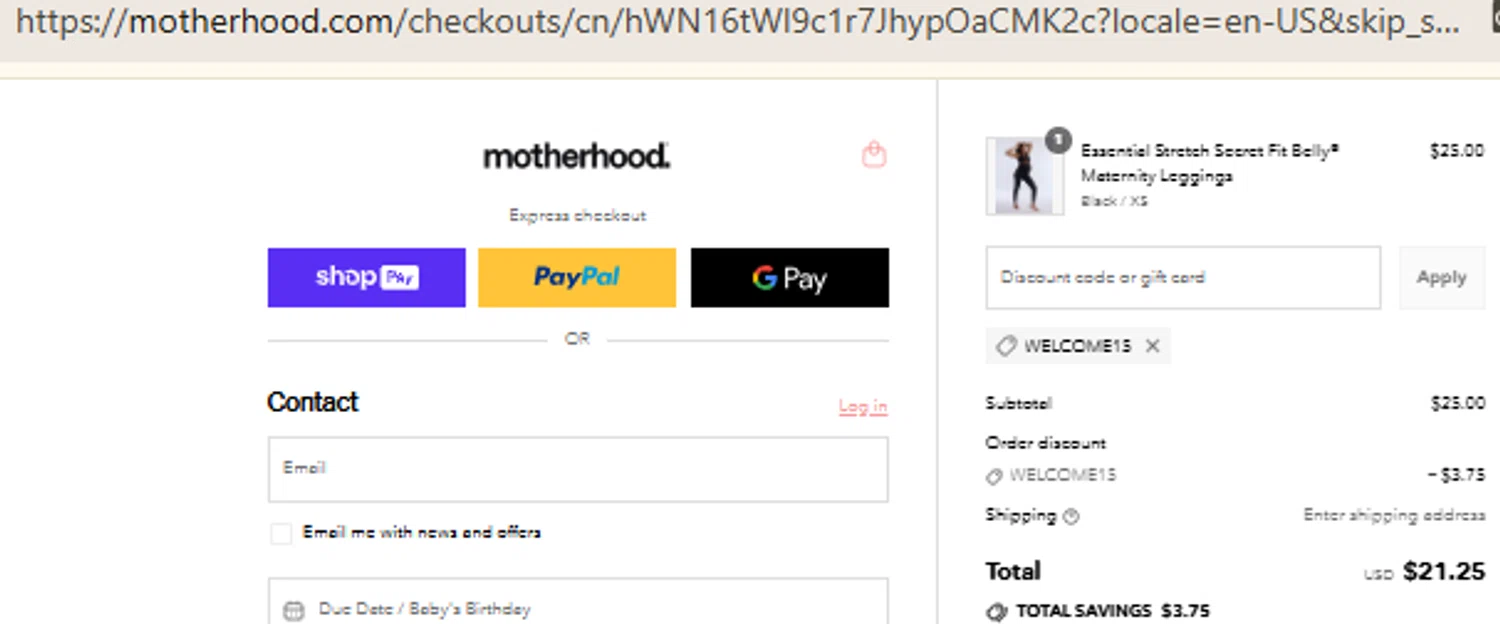 Motherhood promo code screenshot showing code Welcome15 applied at Motherhood checkout page. Uploaded by SimplyCodes community member RewardFinder4836 on Jul 27, 2025