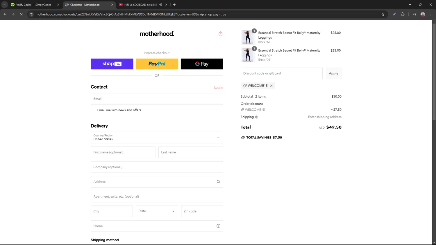 Motherhood promo code screenshot showing code Welcome15 applied at Motherhood checkout page. Uploaded by SimplyCodes community member necesitoplata on Feb 7, 2025
