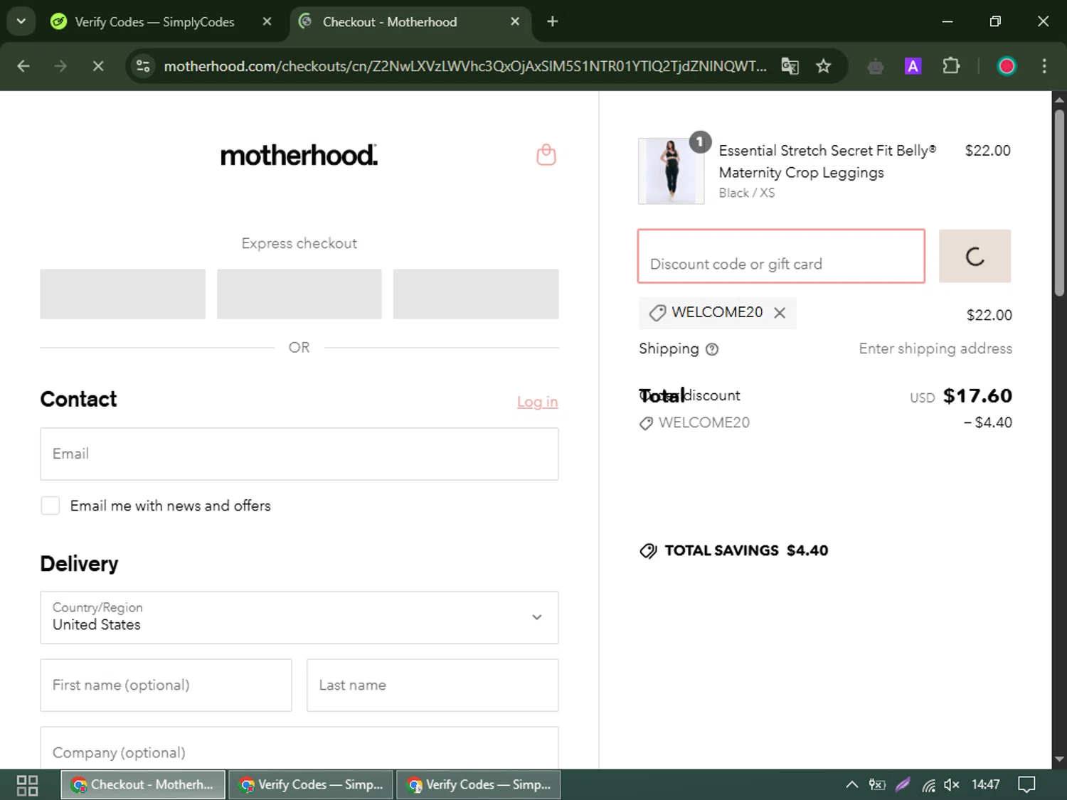 Motherhood promo code screenshot showing code Welcome20 applied at Motherhood checkout page. Uploaded by SimplyCodes community member james_smith on Apr 20, 2025